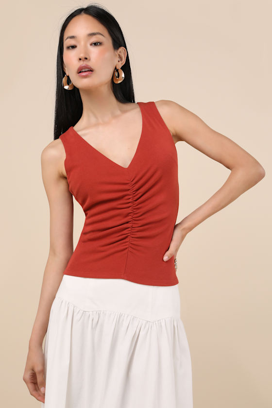 Kosta Rust Red Ruched Jersey Knit Tank Top