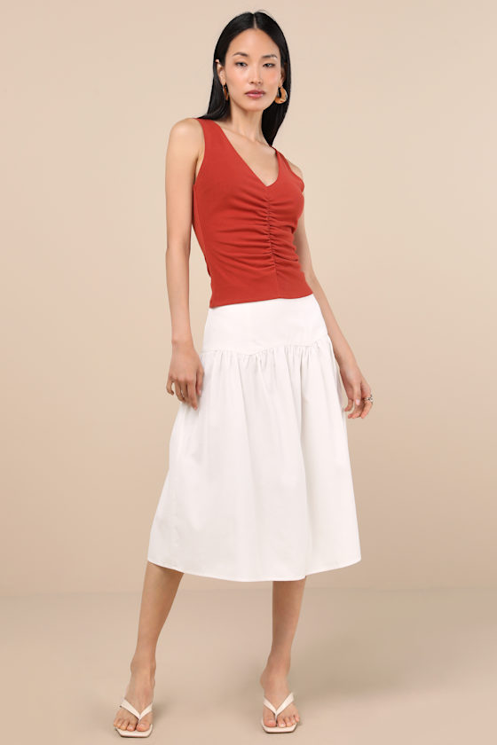 Lulus Kosta Rust Red Ruched Jersey Knit Tank Top In Rust Red