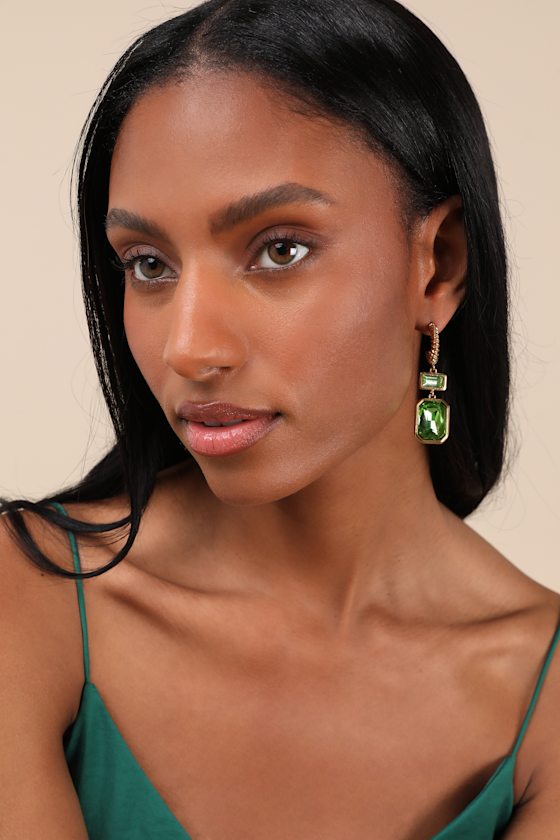 LULUS KOTO GOLD AND GREEN RHINESTONE HOOP DROP EARRINGS