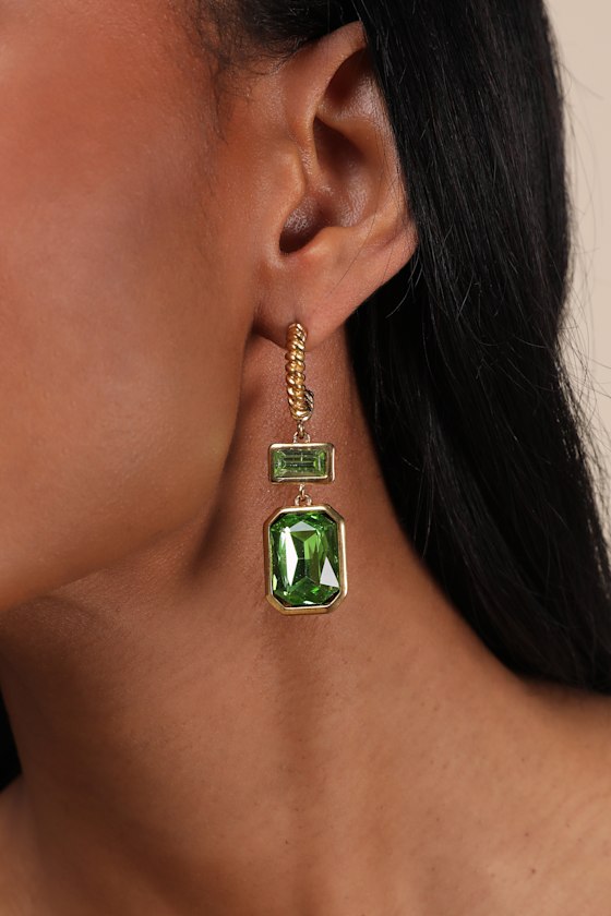 LULUS KOTO GOLD AND GREEN RHINESTONE HOOP DROP EARRINGS