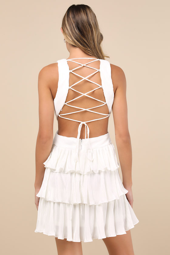 Lulus Beauty Icon White Satin Pleated Tiered Lace-up Mini Dress In White