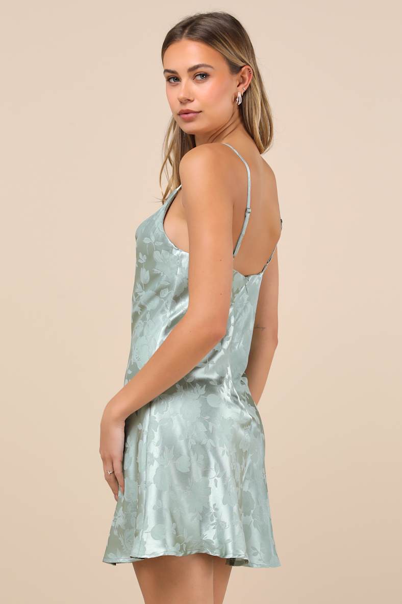 Close to Your Heart Sage Green Satin Jacquard Cowl Slip Dress
