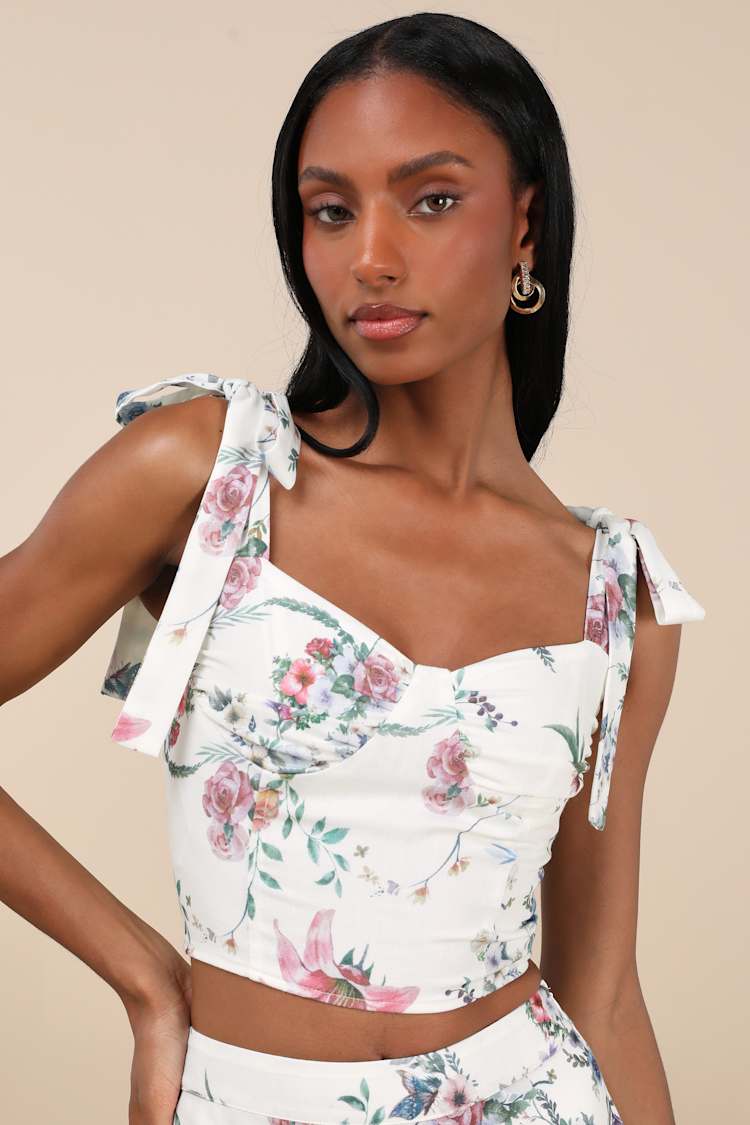 Beautifully Chic White Floral Tie-Strap Bustier Top