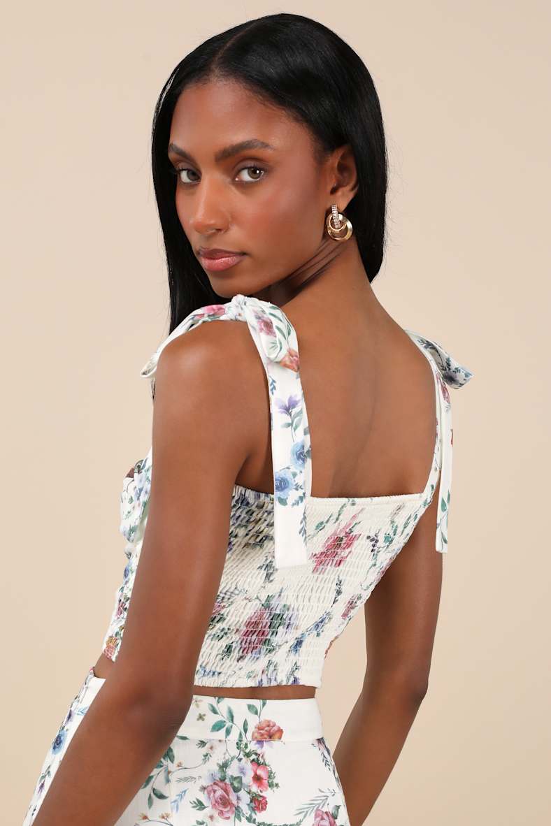 Beautifully Chic White Floral Tie-Strap Bustier Top