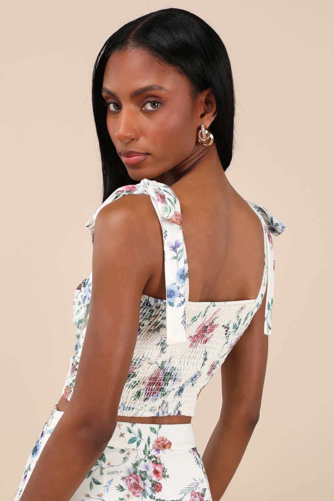 Beautifully Chic White Floral Tie-Strap Bustier Top