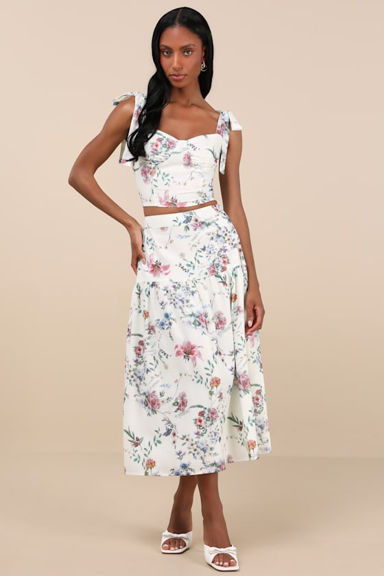 Lulus Beautifully Chic White Floral Drop Waist Midi Skirt In White