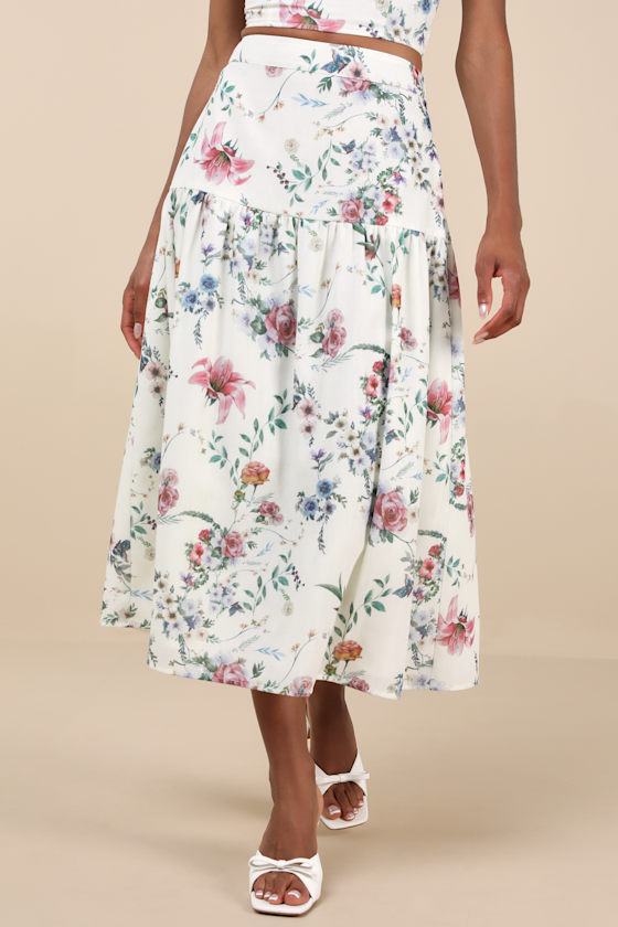 Lulus Beautifully Chic White Floral Drop Waist Midi Skirt In White