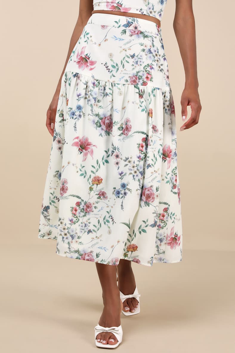 Beautifully Chic White Floral Drop Waist Midi Skirt