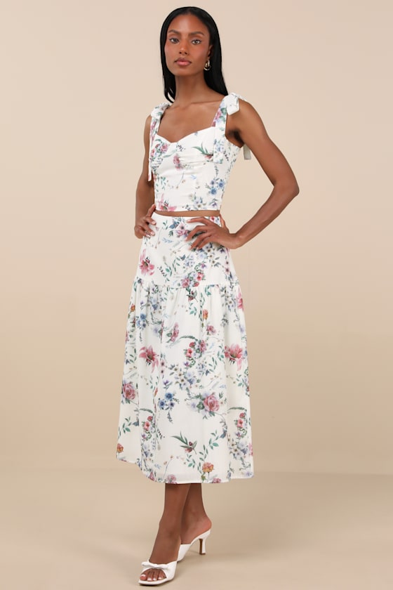 Lulus Beautifully Chic White Floral Drop Waist Midi Skirt In White