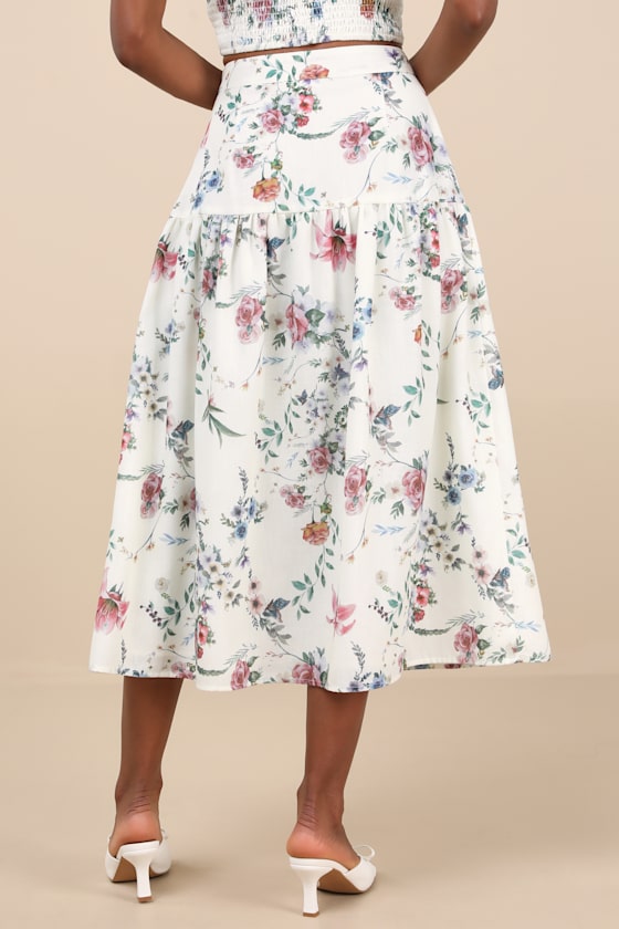 Lulus Beautifully Chic White Floral Drop Waist Midi Skirt In White