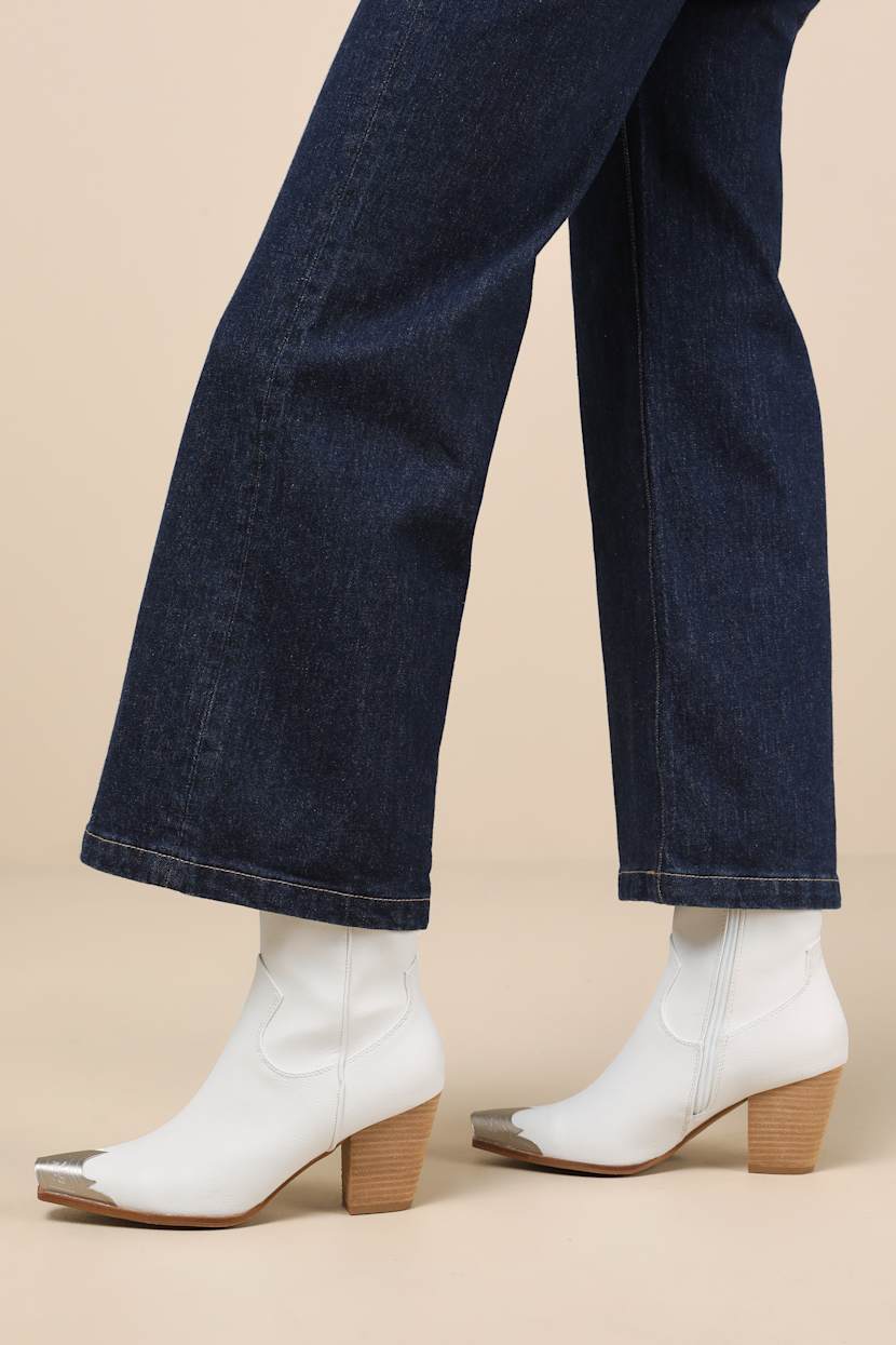 Naiya White Western Ankle Boots