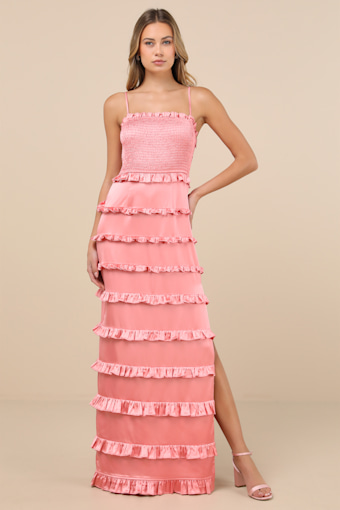 Sincerely Fabulous Peach Pink Satin Smocked Ruffled Maxi Dress 1
