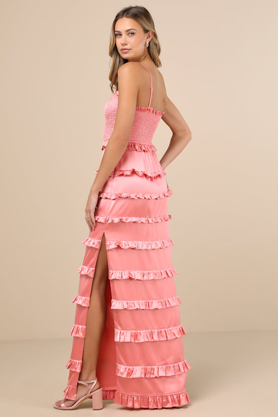 Shop Lulus Sincerely Fabulous Peach Pink Satin Smocked Ruffled Maxi Dress