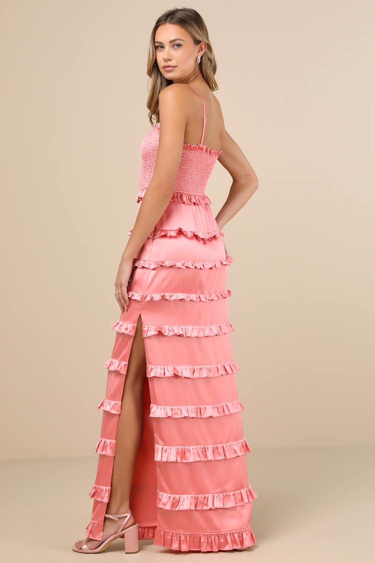 Sincerely Fabulous Peach Pink Satin Smocked Ruffled Maxi Dress