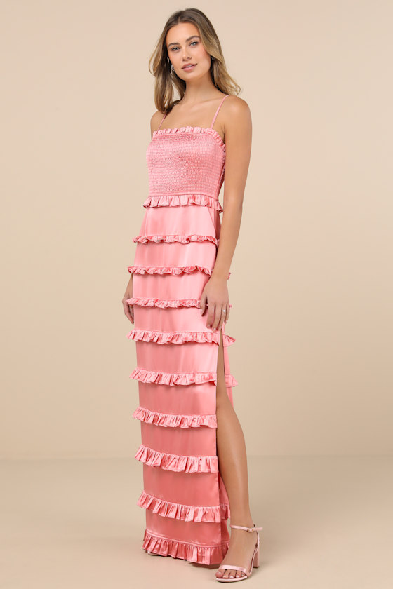 Shop Lulus Sincerely Fabulous Peach Pink Satin Smocked Ruffled Maxi Dress