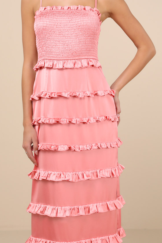 Shop Lulus Sincerely Fabulous Peach Pink Satin Smocked Ruffled Maxi Dress