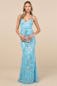 Glittering Excellence Aqua Blue Sequin Lace-Up Maxi Dress