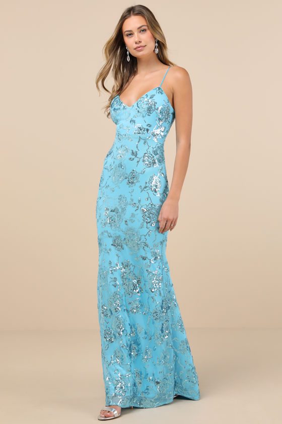 Lulus Glittering Excellence Aqua Blue Sequin Lace-up Maxi Dress In Blue