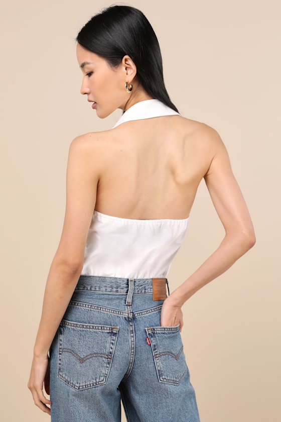 LULUS AERES WHITE BUTTON-FRONT COLLARED HALTER BODYSUIT