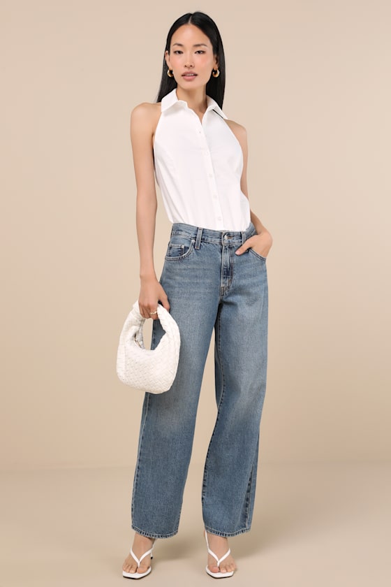 LULUS AERES WHITE BUTTON-FRONT COLLARED HALTER BODYSUIT