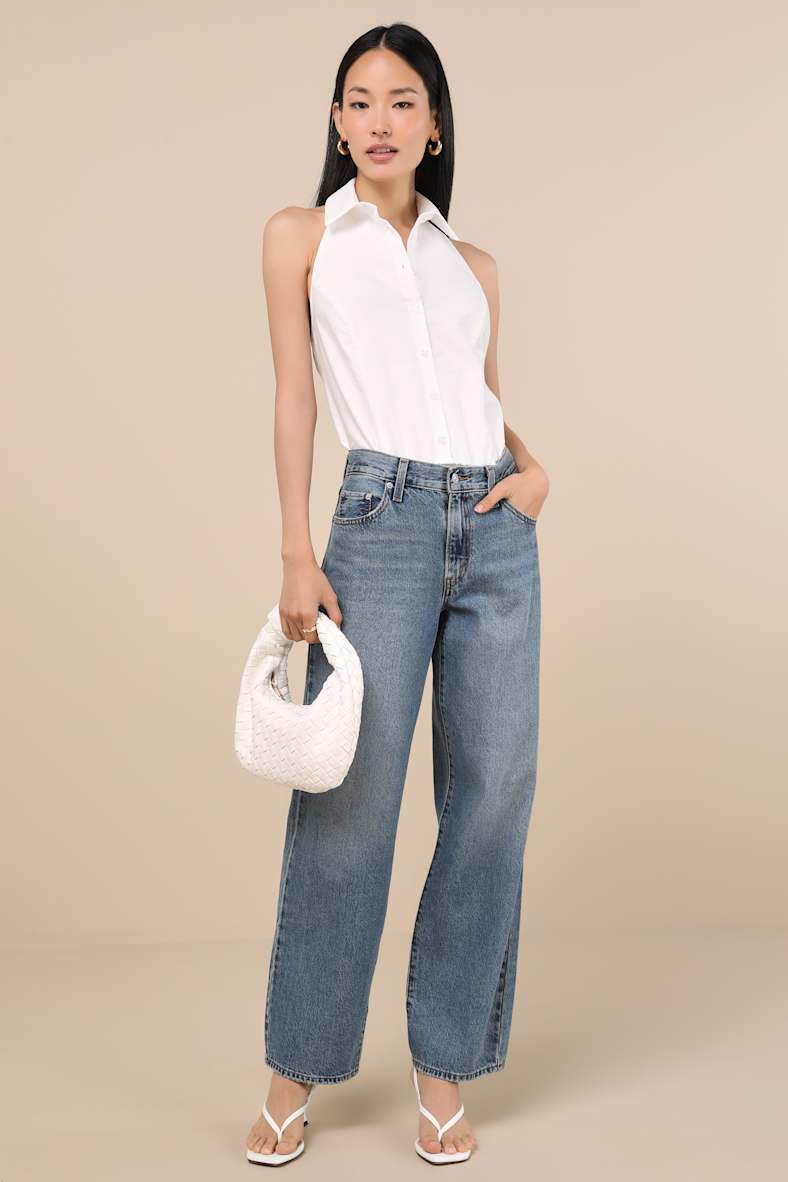 Aeres White Button-Front Collared Halter Bodysuit