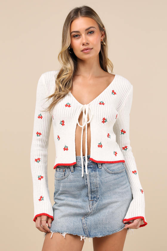 Ivory Embroidered Cardigan - Tie-Front Cardigan - Floral Cardigan