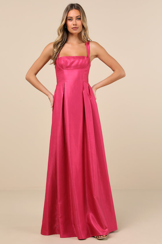 Lulus Immaculate Aura Shiny Magenta Taffeta Maxi Dress With Pockets In Magenta