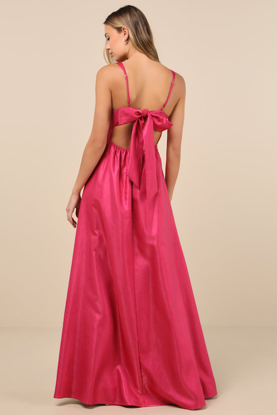 Immaculate Aura Shiny Magenta Taffeta Maxi Dress With Pockets 2