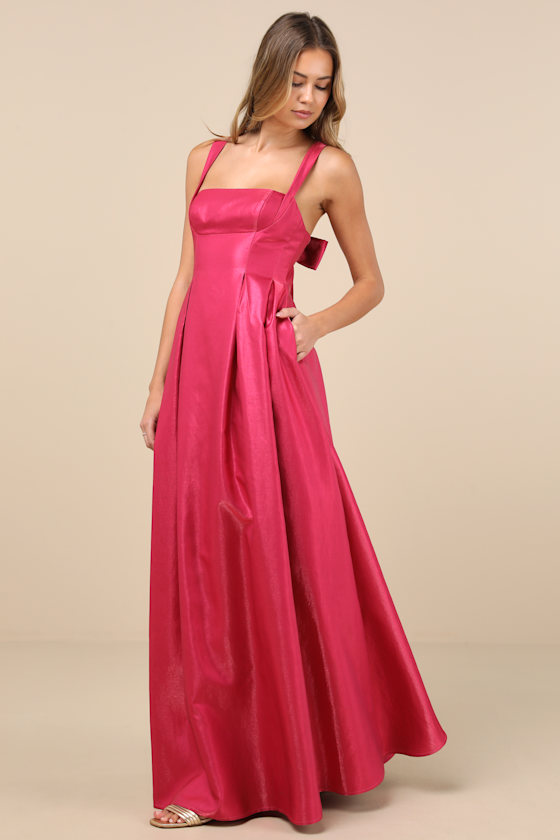 Lulus Immaculate Aura Shiny Magenta Taffeta Maxi Dress With Pockets In Magenta