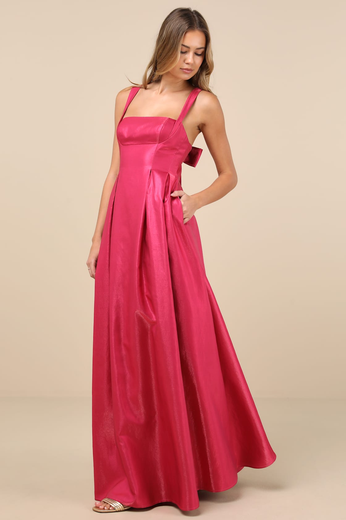 Immaculate Aura Shiny Magenta Taffeta Maxi Dress With Pockets