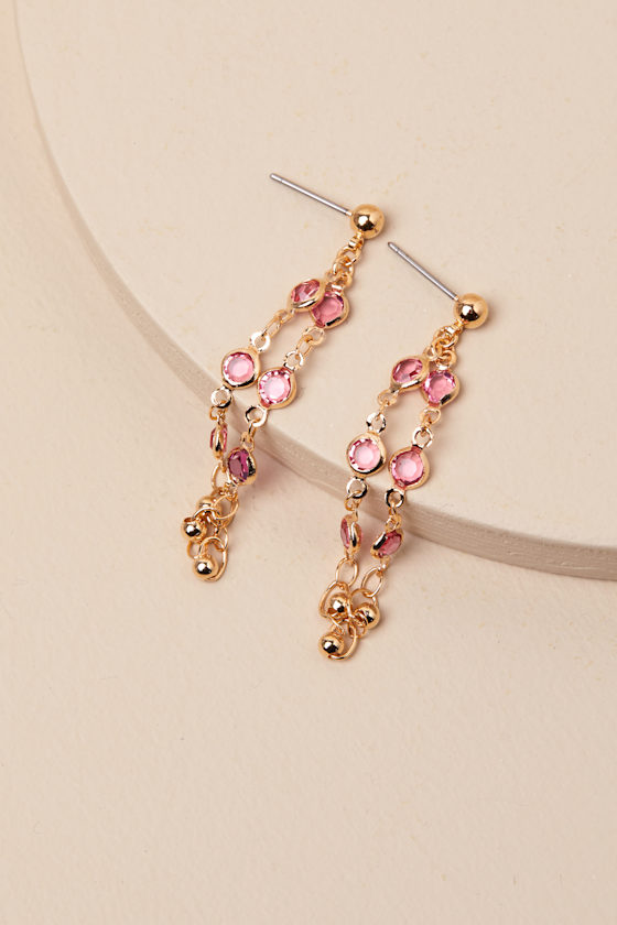 LULUS RAHELA GOLD AND PINK CHAIN LINK DROP EARRINGS