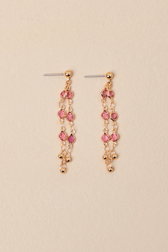 LULUS RAHELA GOLD AND PINK CHAIN LINK DROP EARRINGS