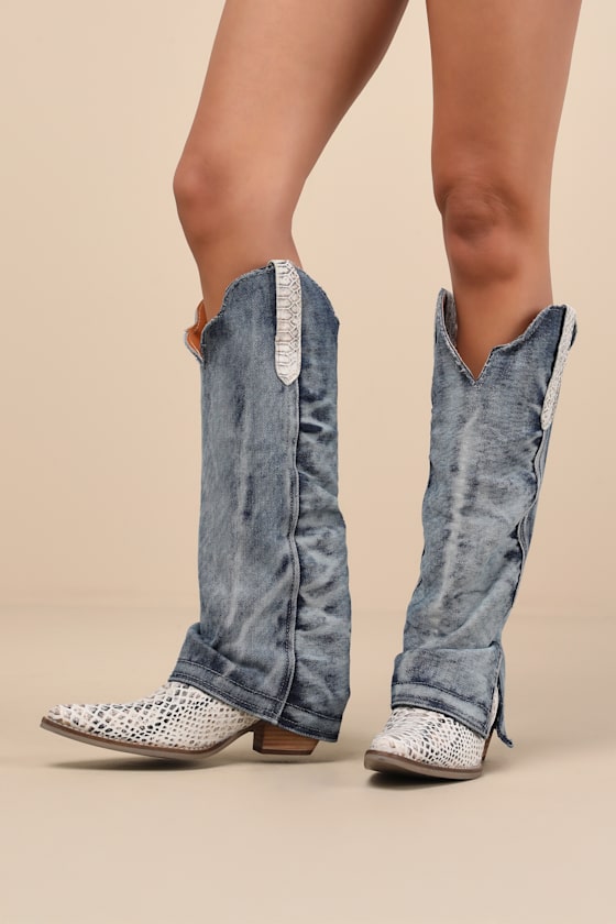 Dingo Shabby Blue Denim Leather Knee-high Western Boots In Blue