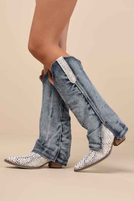 Dingo Shabby Blue Denim Leather Knee-high Western Boots In Blue