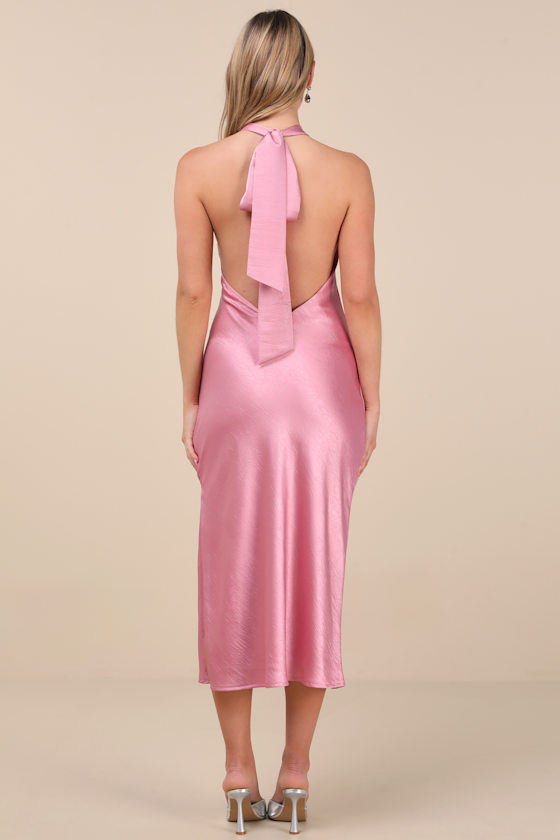 Lulus Angelique Pink Satin Backless Halter Midi Dress In Pink