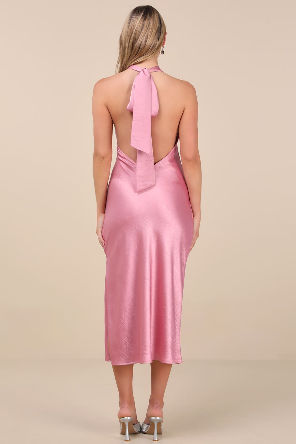 Angelique Pink Satin Backless Halter Midi Dress