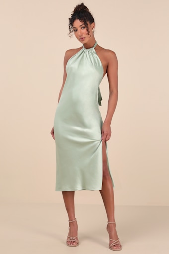 Angelique Sage Satin Backless Halter Midi Dress 1