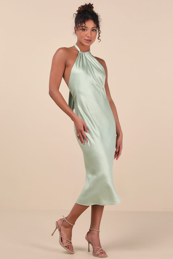 Lulus Angelique Sage Satin Backless Halter Midi Dress In Green
