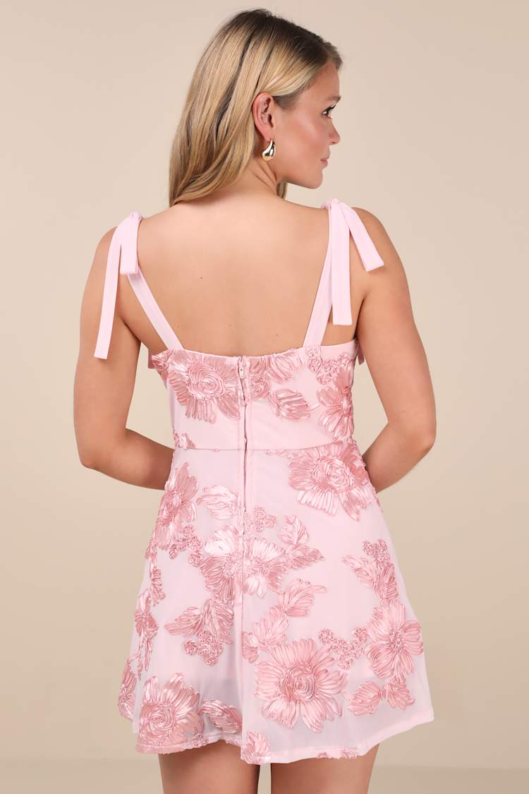 Truly Inspiring Pink Mesh Floral Applique Tie-Strap Mini Dress