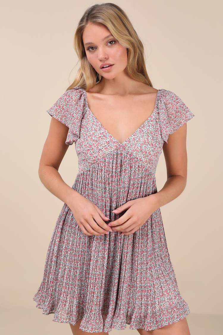 knee length dresses for ladies ALINA PLEATED KNIT FIT AND FLARE MINI DRESS IN BLUE – AKIRA
