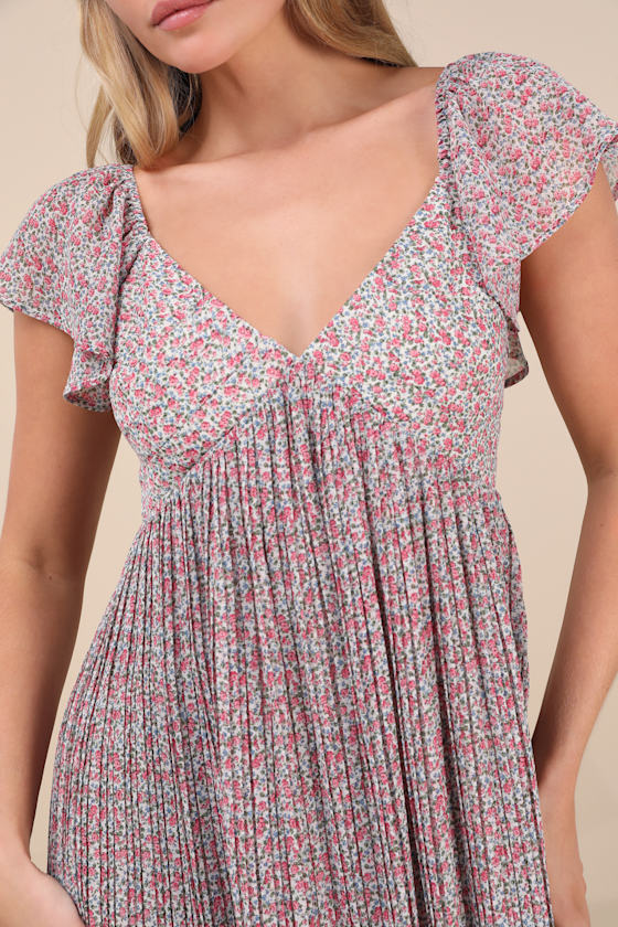 Lulus Amalfi Coast White Floral Pleated Flutter Sleeve Mini Dress In White