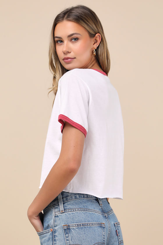 Retro Brand New York 1980 White Ringer Cropped Graphic Tee In White