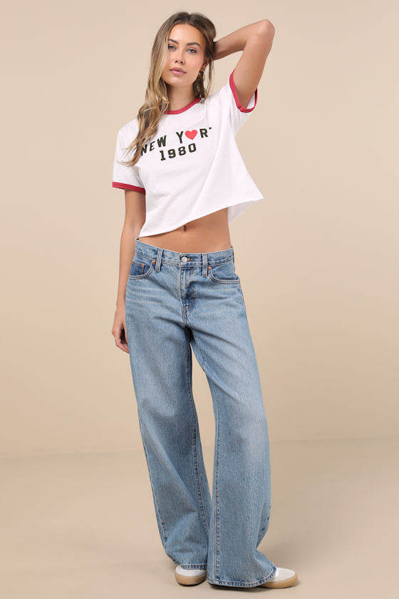 Retro Brand New York 1980 White Ringer Cropped Graphic Tee In White