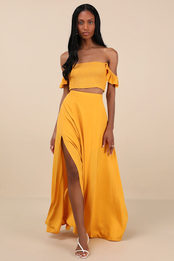 Lulus Trancoso Golden Yellow Two-piece Maxi Dress In Golden Yellow