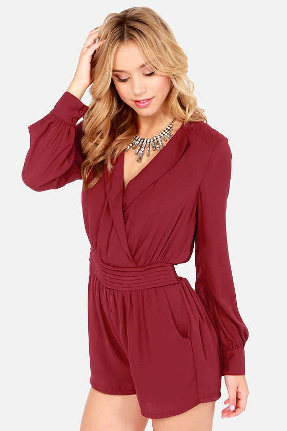 Cute Burgundy Romper - Long Sleeve Romper - $58.00