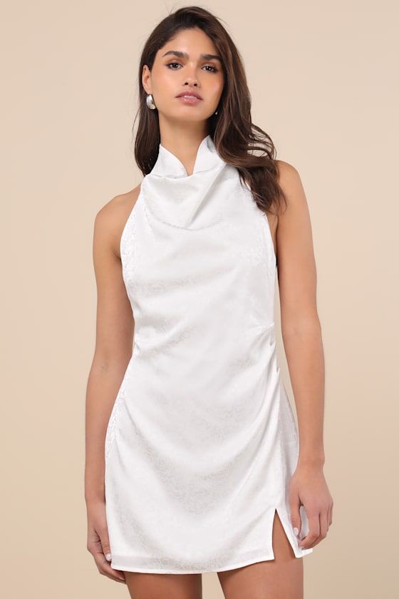 Lulus Simply A Stunner White Jacquard Cowl Backless Mini Dress In White