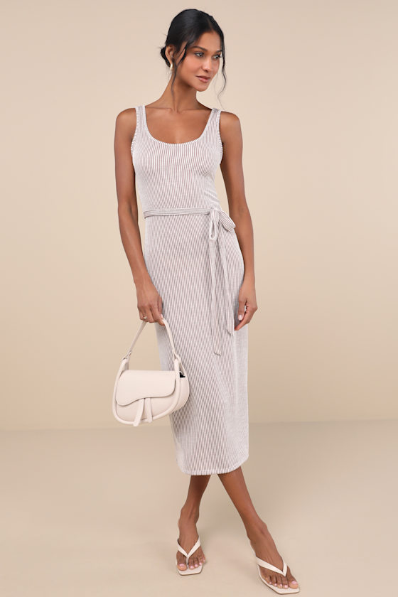 Shop Lulus Summer Perfection Taupe And Ivory Striped Ribbed Midi Dress