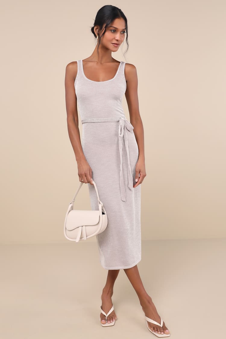 Taupe and Ivory Striped Dress - Ribbed Midi Dress - Midi Dress - Lulus