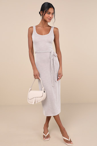 Summer Perfection Taupe and Ivory Striped Ribbed Midi Dress 1