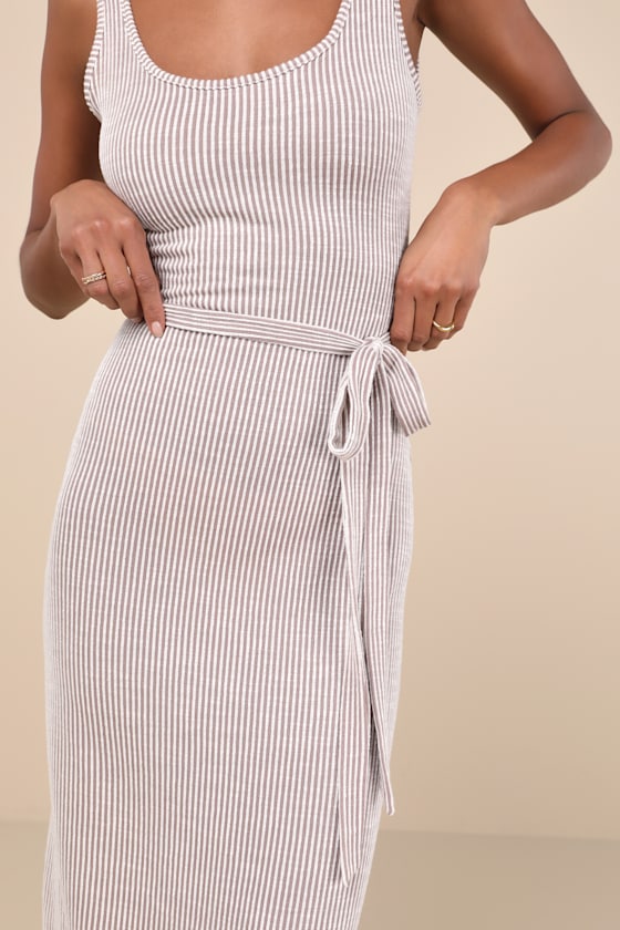 Shop Lulus Summer Perfection Taupe And Ivory Striped Ribbed Midi Dress